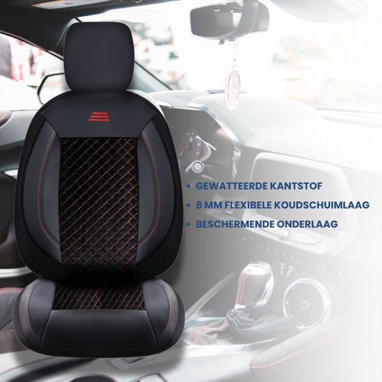 Housses de siège de voiture pour Volkswagen T-Roc 2017 sur mesure| Ensemble de 2 pièces | Siège conducteur + passager série AIS | AIS101 | Zwart avec coutures rouges