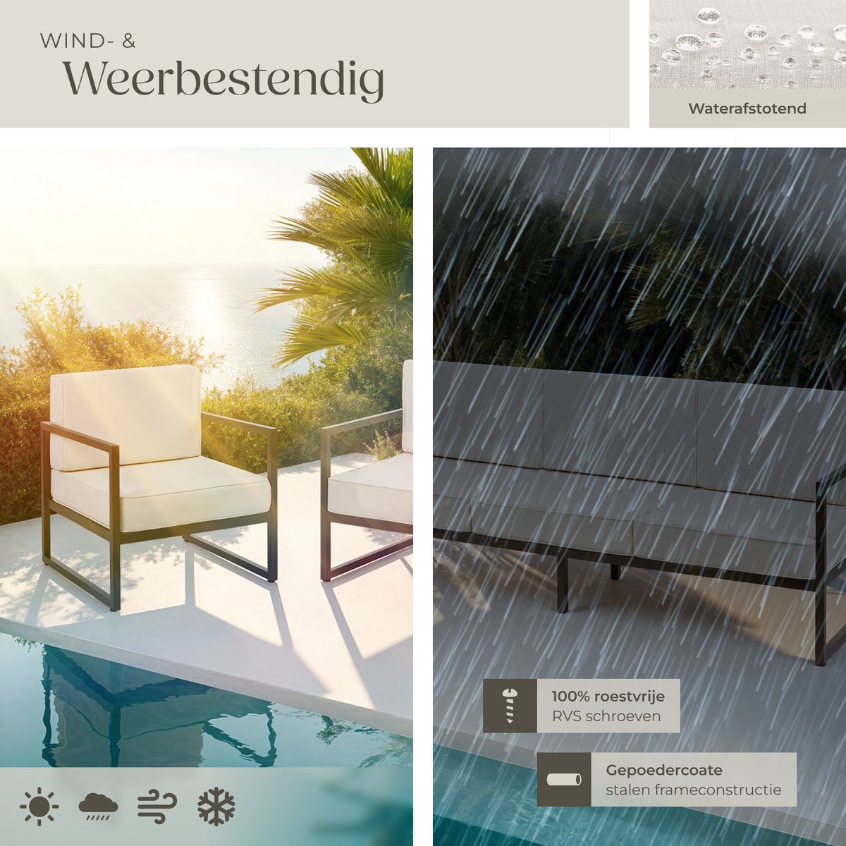 tectake® Tuinset Comosa - Loungeset voor 5 personen - Tuinbank - Loungebank en Twee Loungestoelen - Tuinstoelen met Waterafstotende en Ultradikke Kussens - Draagkracht 117 kg per Zitplaats - Bruin/Beige – foto 7