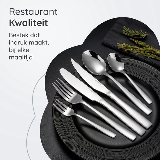 Ménagère Deleca Essential pour 8 personnes (48 pièces) - Cuillères, Couteaux, Fourchettes, Couteaux à steak et fourchettes à pâtisserie - Passe au lave-vaisselle - Argent brillant / Acier inoxydable
