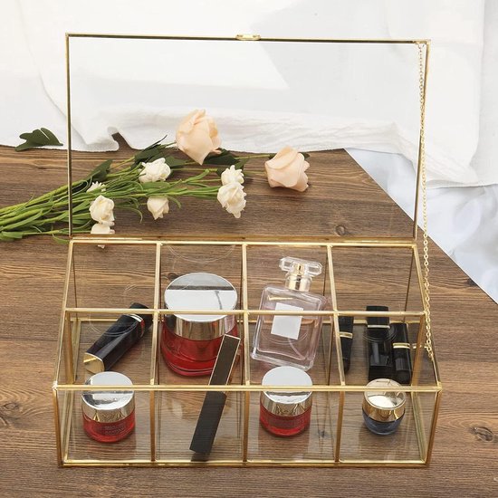 Homtone 14 cm koperen gouden vintage glazen doos met deksel, decoratieve sieradenaandenken-displayorganizer, heldere rechthoekige gouden doos voor bruiloftsfeest, decoratie met open deksel, 14,6 x 9 x