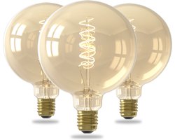 foto van Calex Spiraal Filament LED Lamp - Set van 3 stuks - G125 Vintage Lichtbron - E27 - Goud - Warm Wit Licht - Dimbaar