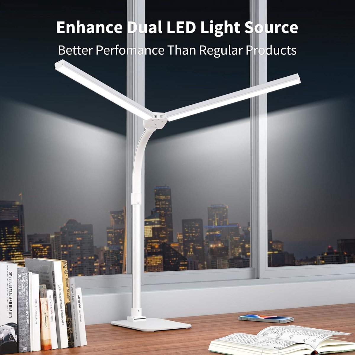 Kaulsoue Bureaulamp, led, dimbaar, dubbele kop, bureaulampen met basis, 24 W, 80 cm, 1500 lumen, tafellamp, oogverzorging, 5 kleuren, 5 helderheid, met tafelblad, werk, huis, kantoor, wit
