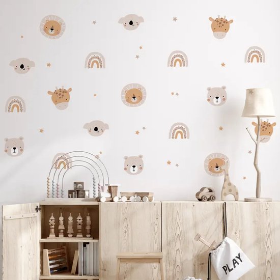 Muursticker - Autocollants Arcs-en-ciel et Animaux Sauvages - Chambre de bébé - Chambre enfant - Décoration - PVC autocollant - 109x66cm - Boho - Beige - Marron - Oranje