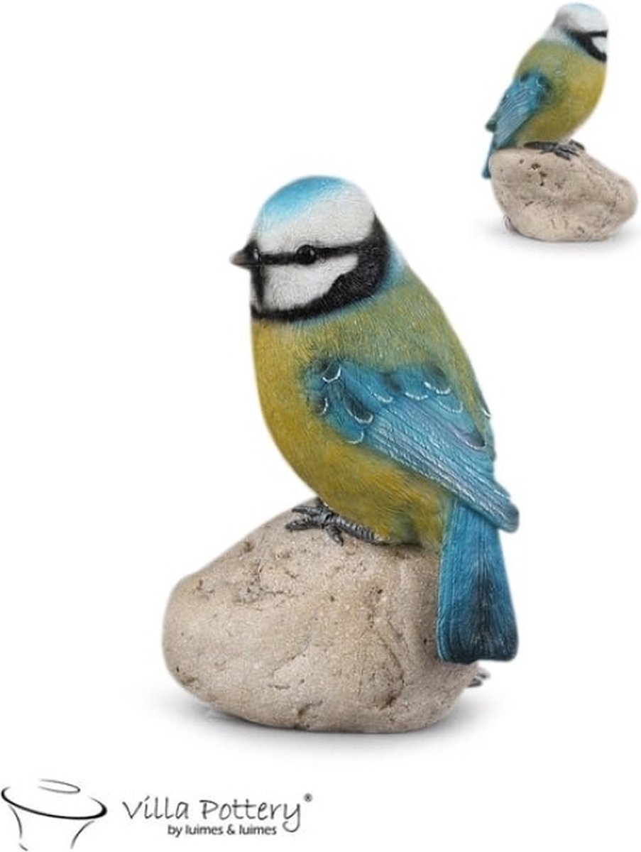 Villa Pottery Pimpelmees op steen 10x6x15 blauw