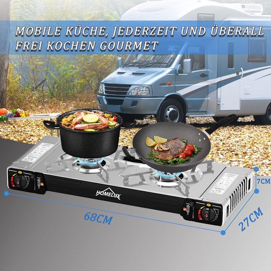 Borvat® - Homelux - Camping Kookstel - Kooktoestel - Kampeer kookstel - Gasstel - Gaspit - Kookplaat - Elektronische ontsteking - 2 Pits - 12 Gasflessen van Borvat — afbeelding 2