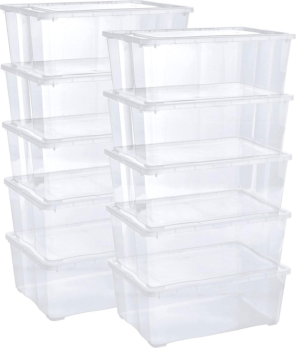 Famanu Opbergdozen met deksel, stapelbaar, kunststof, transparant, voor kleding, schoenen, speelgoed, knutselen, 10 l, 10 stuks
