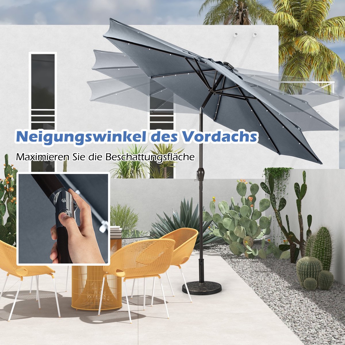 COSTWAY Parasol 300 cm met led-verlichting, parasolvoet niet inbegrepen, tuinparasol met zwengel, aan beide zijden 30° knikbaar, terrasparasol met 8 ribben, marktscherm voor tuin, balkon (grijs) – foto 8