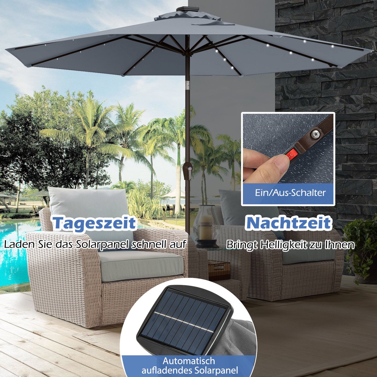 COSTWAY Parasol 300 cm met led-verlichting, parasolvoet niet inbegrepen, tuinparasol met zwengel, aan beide zijden 30° knikbaar, terrasparasol met 8 ribben, marktscherm voor tuin, balkon (grijs) – foto 7