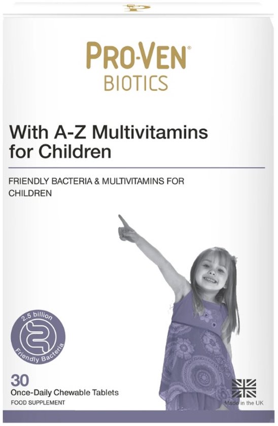 ProVen biotica, multivitaminen voor kinderen. Met 2,5 miljard vriendelijke bacteriën. Jong meisje in paarse jurk wijst naar boven.
