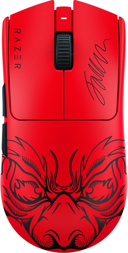 Rode Razer Viper V3 Pro Faker Edition gamingmuis met zwarte draakafbeeldingen en handtekening.