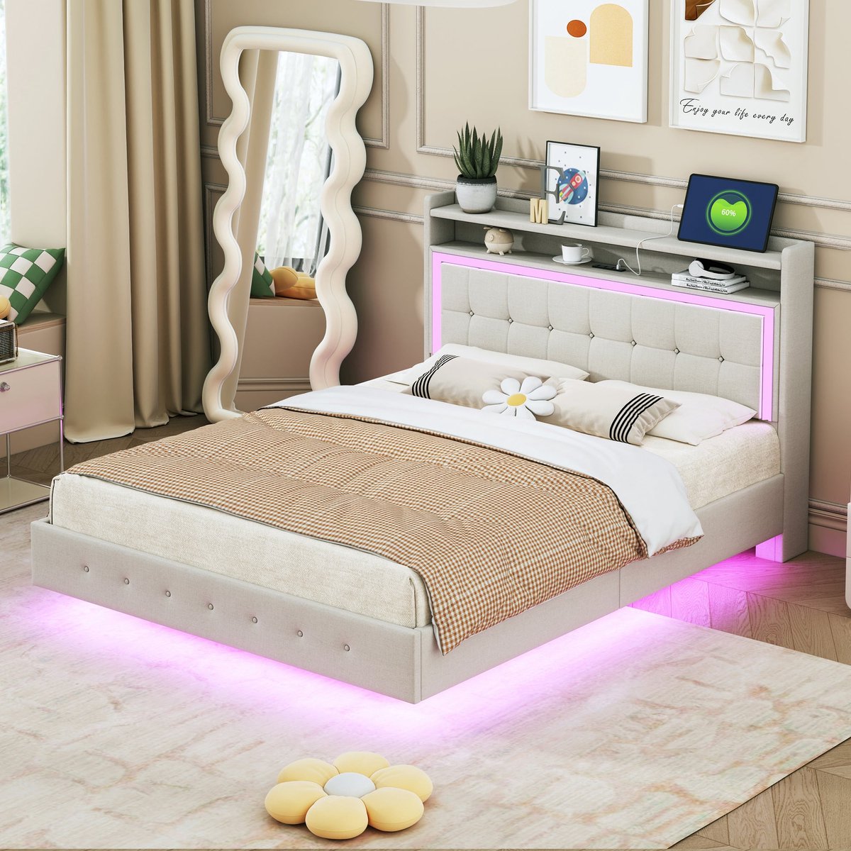 Merax Gestoffeerd Tweepersoonsbed 140x200 cm met USB-aansluiting en LED-verlichting - Beige - Bed met Opbergruimte in Hoofdbord