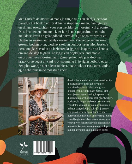 Achterkant boek "Thuis in de moestuin" met foto van Jessica Koomen en tekst.