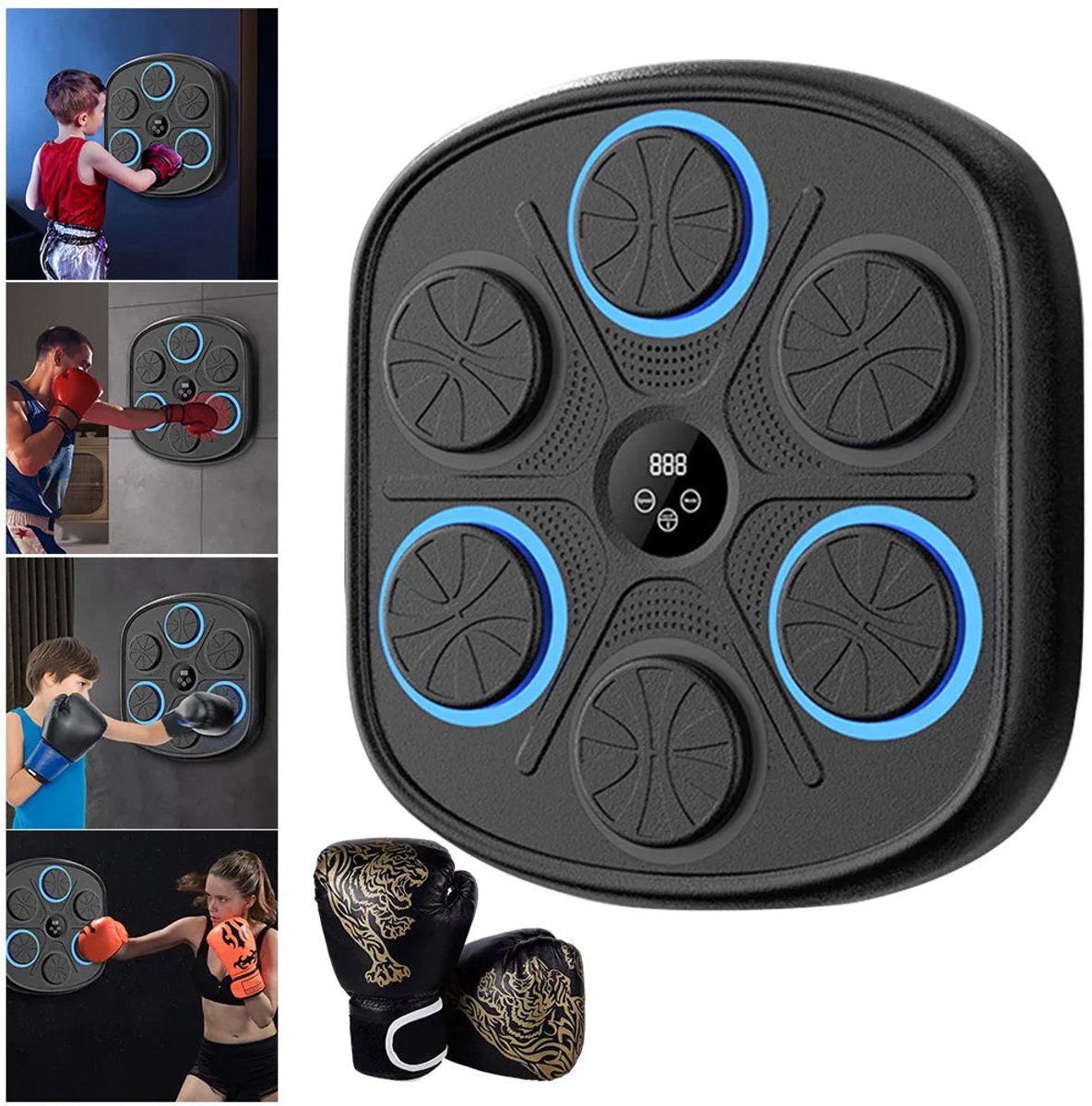 Music Boxing Machine - Music Boxing Machine voor de Muur - Interactieve Boks Trainer voor Thuis & Gym - Met kinderhandschoenen - Zwart