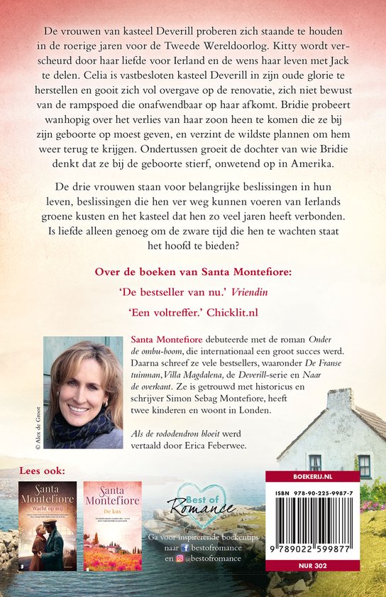 Boek kaft met beschrijving en foto van auteur Santa Montefiore. Een huisje aan zee met een bootje.