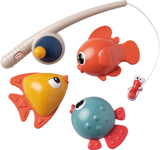 Een visserset met hengel, oranje, geel en blauwe visjes en een worm. De hengel is beige met een blauw en geel detail.