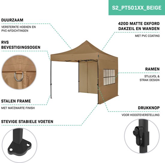 Beige partytent met stalen frame, rvs bevestigingsogen, stevige voeten en ramen. Dak en wanden van 420D mat oxford met PVC coating.