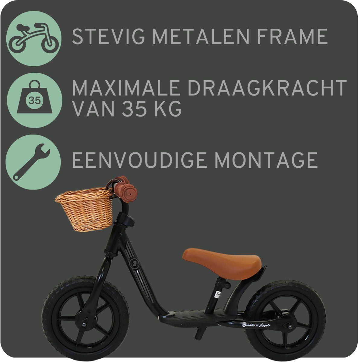 Bandits & Angels Metalen Loopfiets Met Mandje Starter Zwart met Voetenplank vanaf 2 Jaar - Limited Edition - Zwarte Loop Fiets - Verstelbaar Zadel 29 tot 39 cm - Voor Jongens en Meisjes - Compact en Veilig - Lage Instap met Voetenplank — afbeelding 8