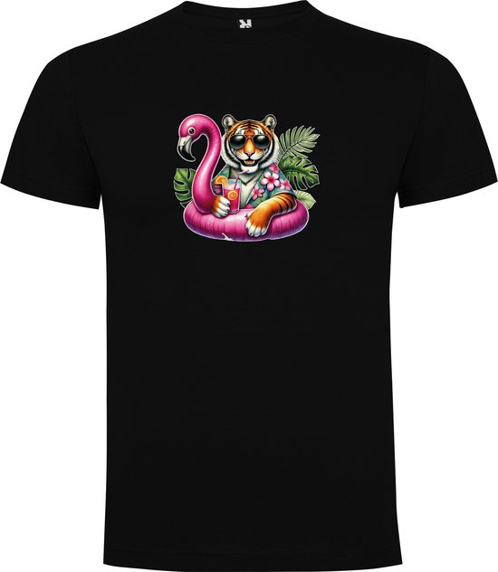 T-shirt Zwart avec imprimé « Tigre coloré avec lunettes de soleil, cocktail et Flamingo, bouée de natation – Fête – Vacances – Détente » en couleur, taille 4XL