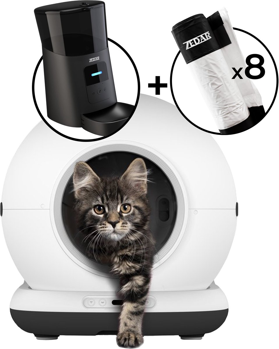 Automatische Kattenbak - Zelfreinigende Kattenbak - Met kattenbakmat, 8 rollen opvangzakjes en Zedar A600 voerautomaat