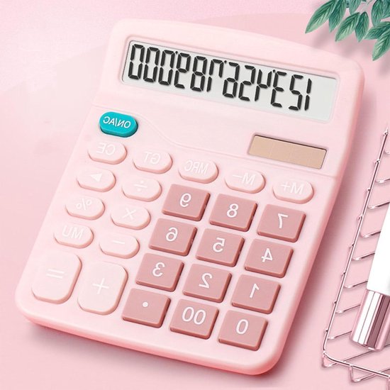 12-cijferige schattige roze bureaurekenmachine met LCD-display.