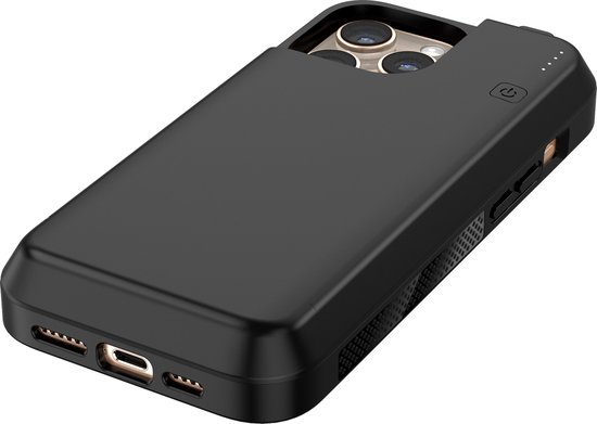 Zwarte Distinction powerbank hoes voor iPhone 16 Pro Max, achterkant met camera-uitsparing en batterij-indicator.