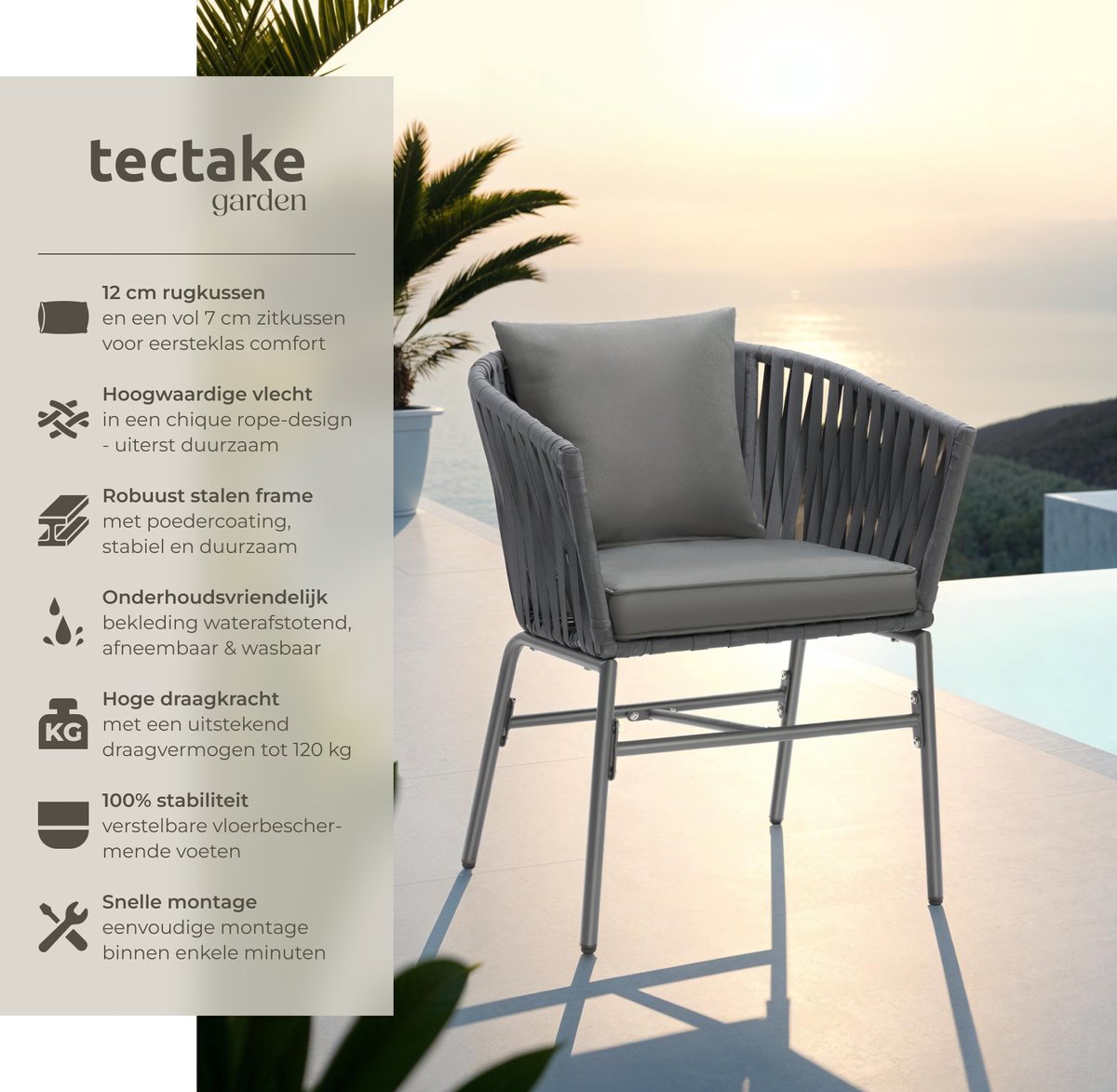 tectake® Tuinstoelen Valeiras - Set van 6 - Metalen Buitenstoel met Rope Design - Terrasstoel met Armleuningen - Tuinstoel - Tuin Fauteuil - Tuinmeubels - Tuinset met Waterafstotende Kussens en Verstelbare Poten – foto 6