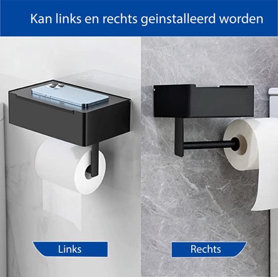 Knaak Set de porte-rouleau de papier toilette + 4 crochets porte-serviettes autocollants - Acier inoxydable - Zwart - Plateau de rangement