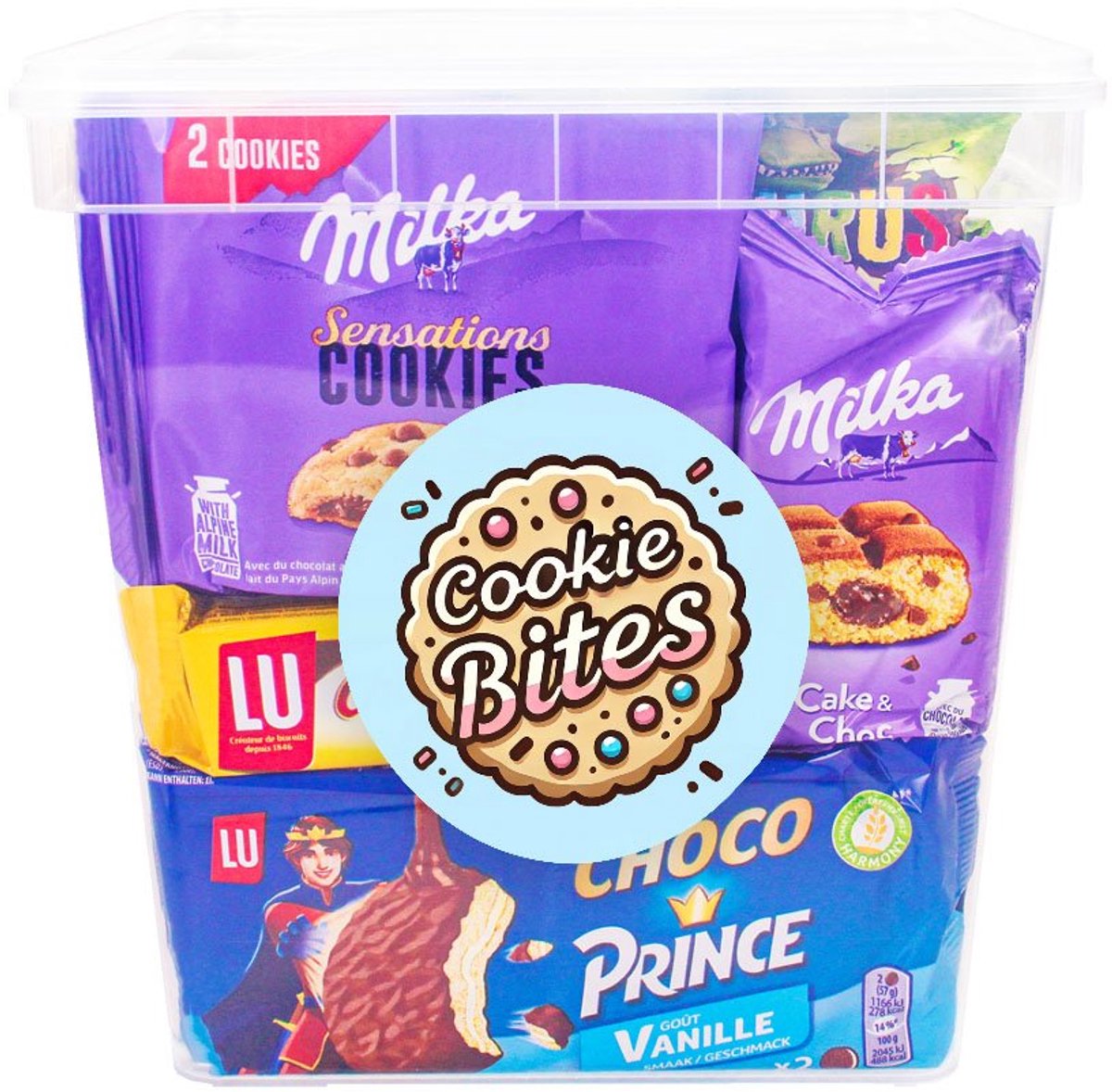 Vieruurtjes XL koekjespakket met chocolade - Milka, LU, Prince, Oreo, Mikado & Lotus Dino - 24 stuks – koekjesmix – cakejes – koekjes met chocolade - 1066g