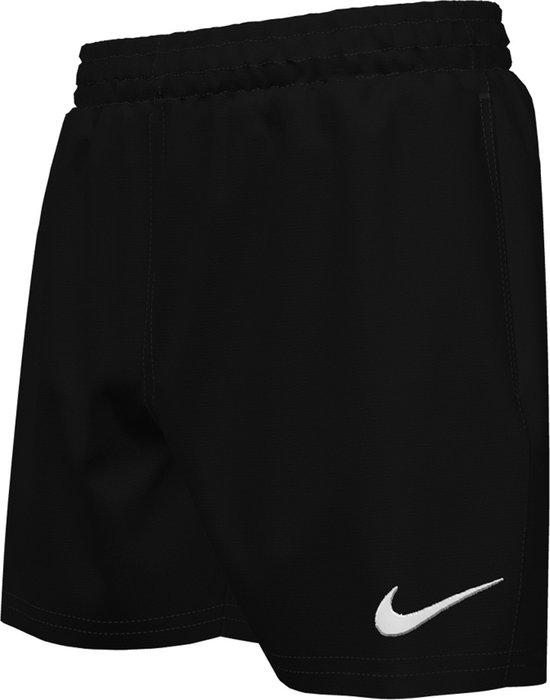 Zwarte zwembroek met elastische tailleband, trekkoord en witte Nike Swoosh logo op de linkerpijp.