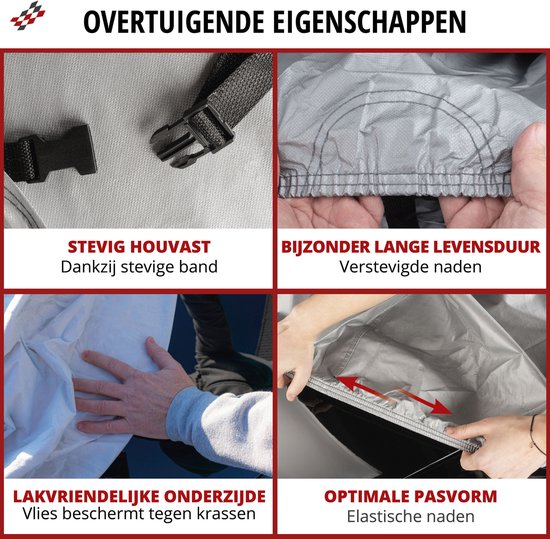 Vier afbeeldingen van een grijze autohoes: stevige band met gesp, verstevigde naden, zachte binnenkant, en elastische rand.