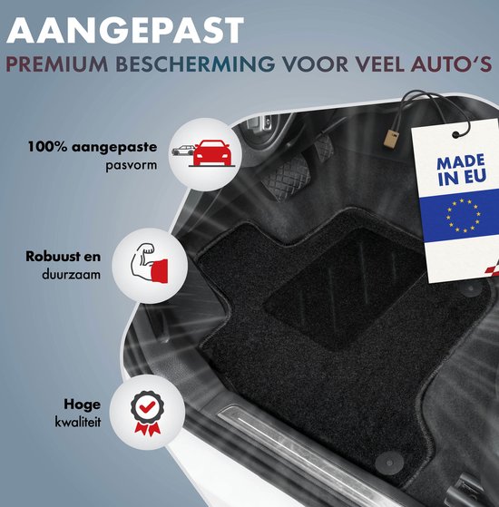 Zwarte automatten in een auto met tekst 'AANGEPAST PREMIUM BESCHERMING VOOR VEEL AUTO'S'.