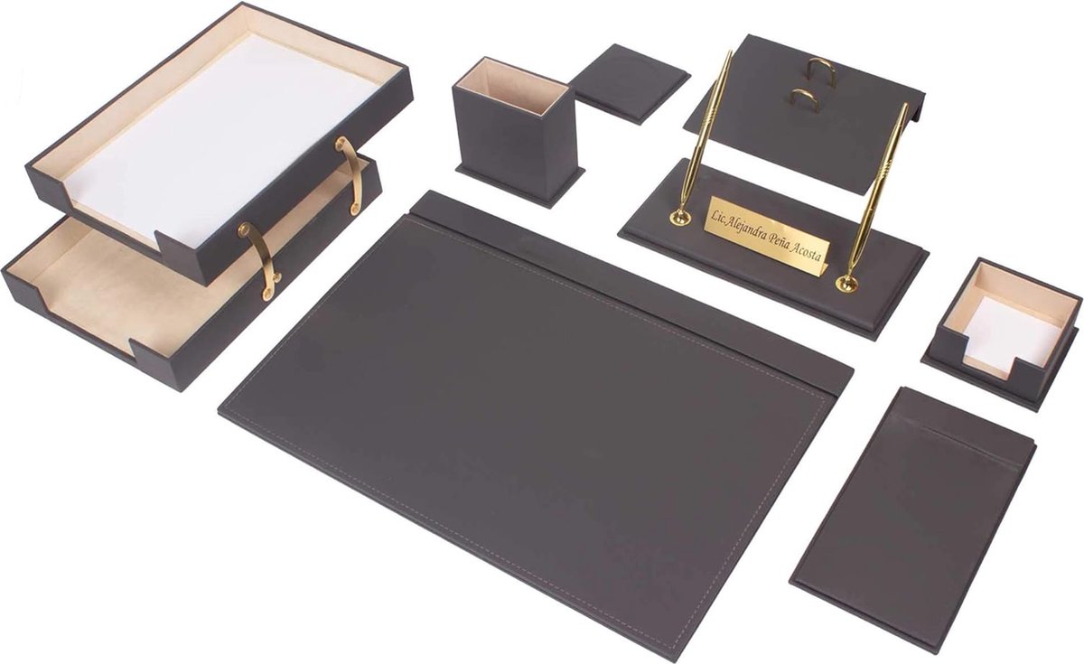 Lederen bureau Set -GRİJS - Bureau accessoires Set - 10 Accessoires - Office Desk Organizer Set - handgemaakte lederen bureau set - Manager Gift
