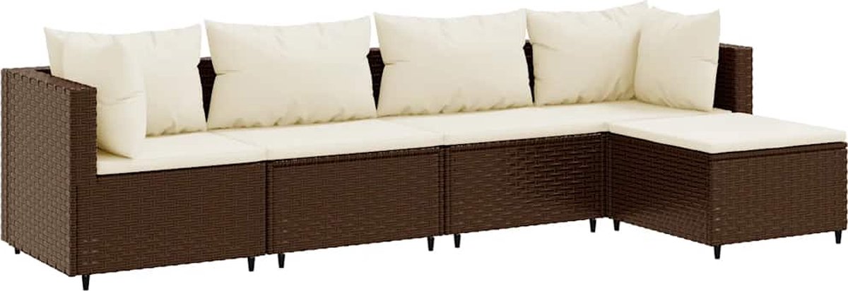 The Living Store 5-delige Loungeset met kussens poly rattan bruin - Loungebank - Lounge Set - Tuinset - Buitendecoratie - Garden Furniture