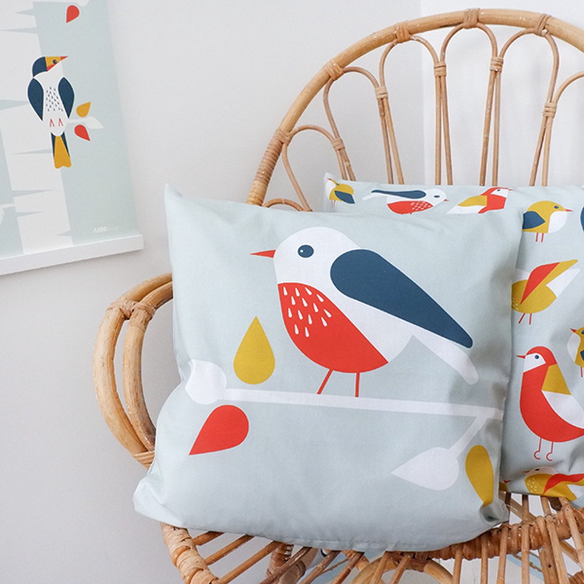 Sierkussen Vogel 40x40 tweezijdig mint met rits inclusief vulling voor kinderkamer