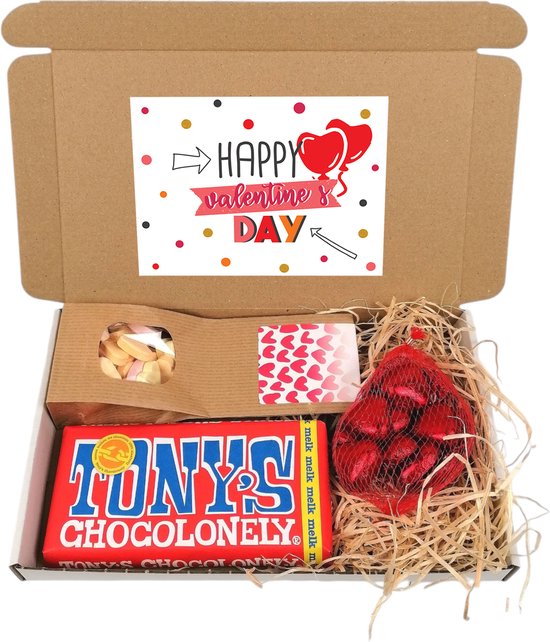 Valentijn brievenbus cadeau - Happy Valentine's day - cadeaupakketje met: Tony chocolonely - chocolade hartjes - snoephartjes