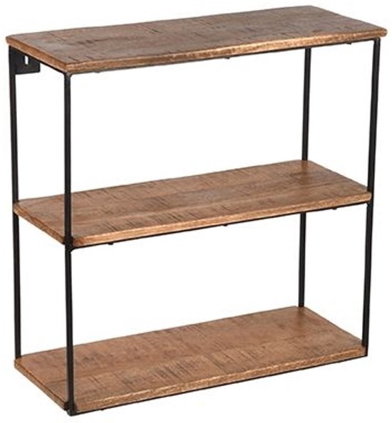 Drieplank wandrek van mangohout met zwarte metalen frame. De planken hebben een grof, verweerd uiterlijk.