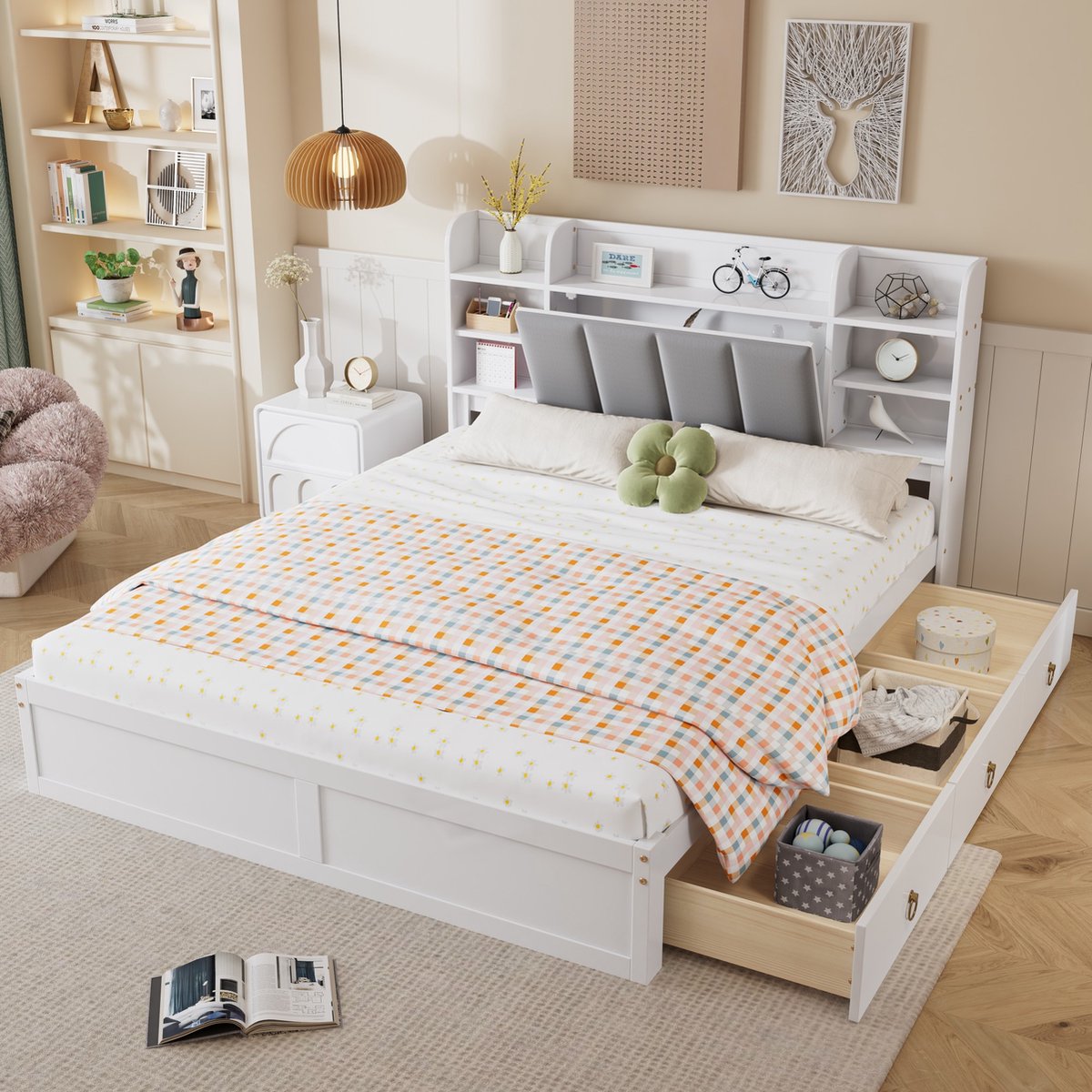 Sweiko Tweepersoonsbed - 160x200cm - 3 laden - Opbergvak - Dennenhouten bedframe - Wit + grijs