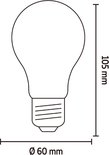 Schematische weergave van een E27 gloeilamp met afmetingen: diameter 60 mm, hoogte 105 mm.