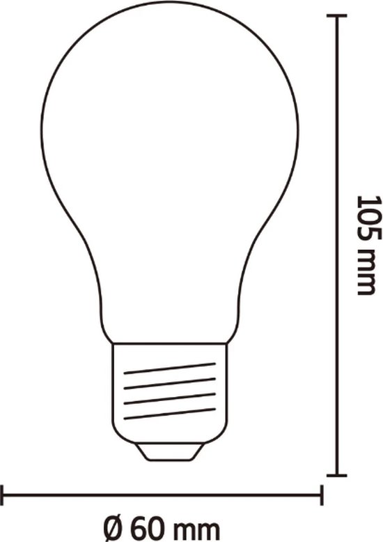 Schematische weergave van een E27 gloeilamp met afmetingen: diameter 60 mm, hoogte 105 mm.
