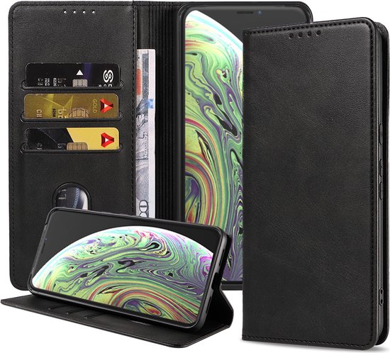 Coque iPhone X en Cuir Zwart - Coque iPhone X en Cuir de Luxe avec Fermeture Magnétique Zwart - Housse de Bookcase en Cuir Zwart avec Porte-Cartes pour iPhone X - Smartphonica
