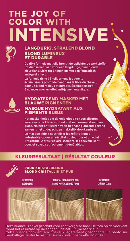 Omslag van Palette haarverf "THE JOY OF COLOR WITH INTENSIVE". Toont blonde haartextuur en een oliedruppel. "LANGDURIG, STRALEND BLOND LUMINUEUX ET DURABLE". "HYDRATEREND MASKER MET BLAUWE PIGMENTEN". Kleurresultaten: Puur Kristalblond, Modern Middenblond tot Donkerblond, Lichtbruin.