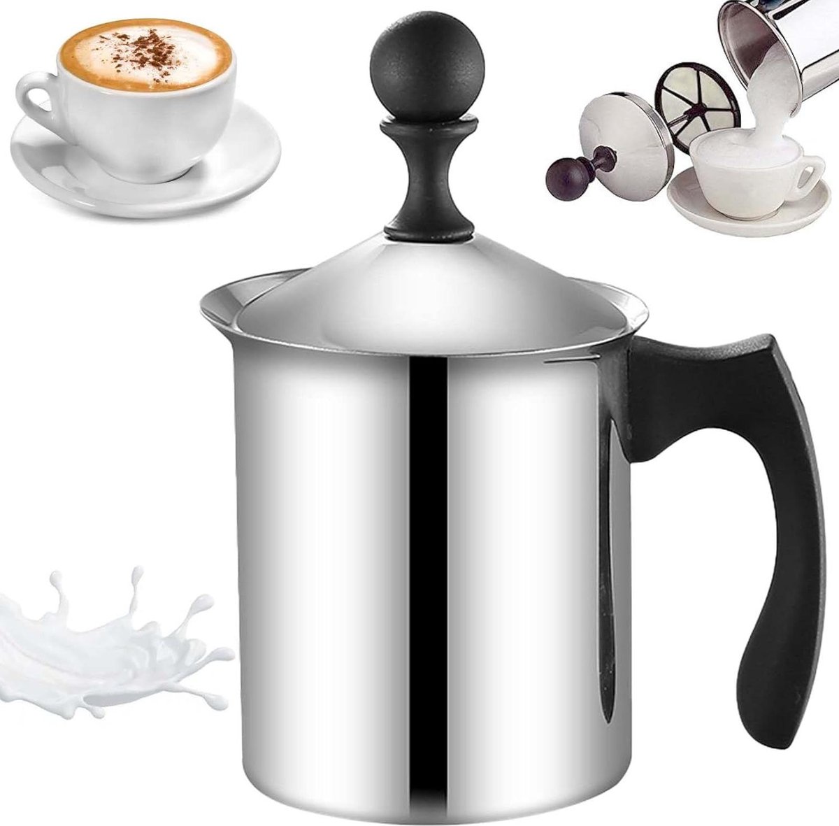 Handmelkopschuimer 800 ml roestvrij staal - handmatige schuimer voor perfect melkschuim - koffietrek-doorn - dubbele zeef - speciaal drukmechanisme .