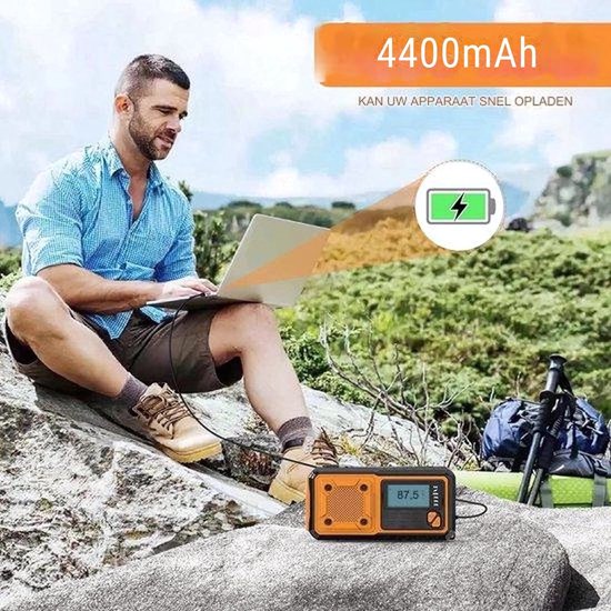 NovaWare® Draagbare NoodRadio Solar Opwindbaar - FM/AM/SW - Powerbank Zonneenergie met 4400mAh - Noodpakket - Op Batterijen - Oranje