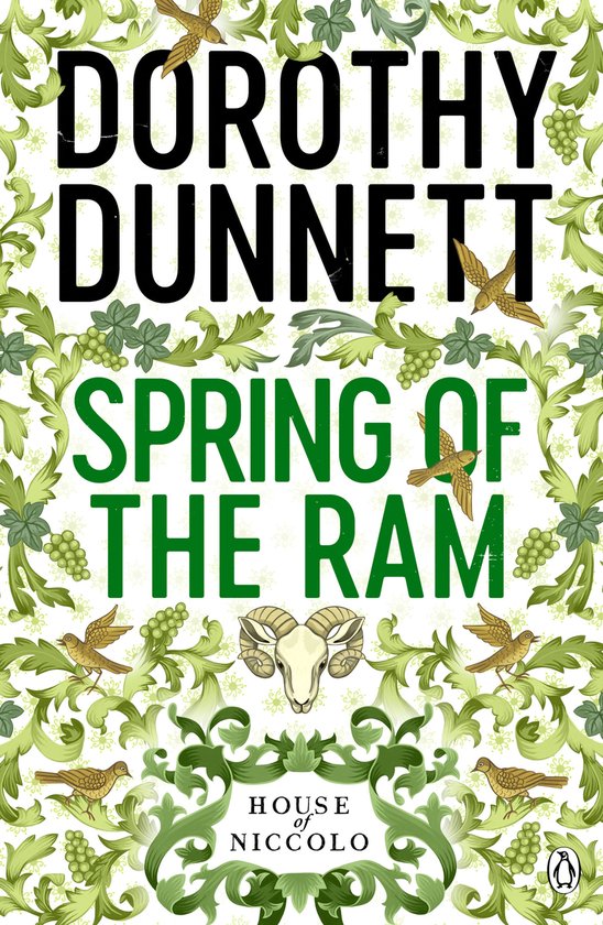 Boekcover 'Spring of the Ram' van Dorothy Dunnett met ram, vogels en ranken