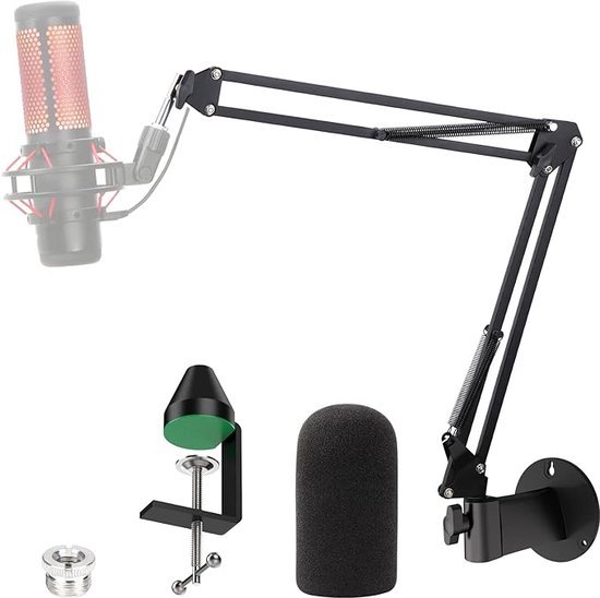 Foto: Wandmontage quadcast boom arm stand met microfoon cover schuim en tafelmontageklem microfoonstandaards en houders compatibel met hyperx quadcast s mic