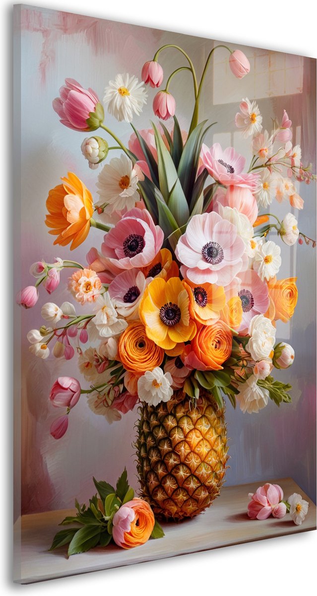 Glasschilderij Zomerse Bloemexplosie - 120 x 80 cm - Ananas - Bloemencompositie - Acrylaat - Inclusief wandbevestiging - Foto op plexiglas - Wanddecoratie woonkamer – Modern – Kunstzinnig