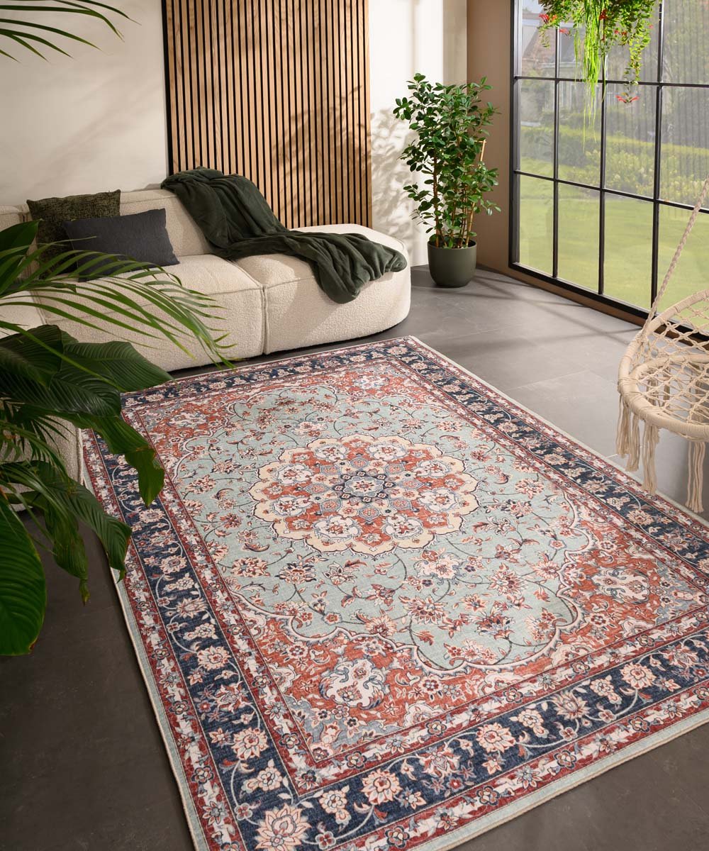 Vintage buitenkleed - Valenca Nova saliegroen/rood 80x150 cm