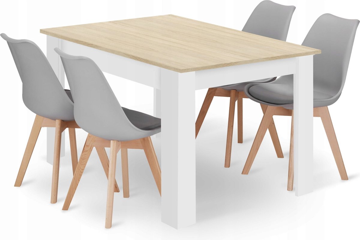 LEOBERT Eettafelset NP 120x80 Eiken Sonoma met Witte Poten + 4 Stoelen MARK Grijs met Beukenhouten Poten, Modern Design, Geschikt voor Keuken, Eetkamer en Woonkamer eikenkleur / wit