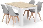 Eettafelset NP 120x80 Eiken Sonoma met Witte Poten + 4 Stoelen MARK Grijs met Beukenhouten Poten, Modern Design, Geschikt voor Keuken, Eetkamer en Woonkamer