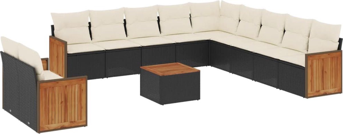 The Living Store 12-delige Loungeset met kussens poly rattan zwart - Loungebank - Lounge Set - Buitendecoratie - Tuinmeubels - Loungestoel
